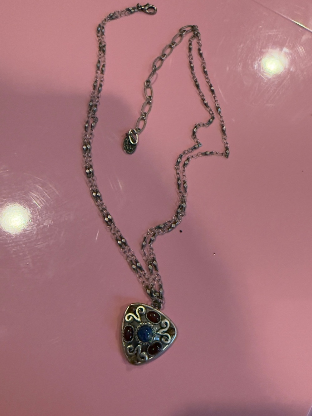 Michal Golan Silver-Tone Pendant Necklace with Blue and Red Gem Accents